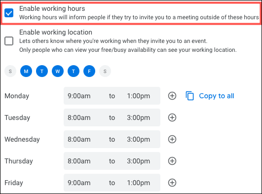 EnableWorkingHours GoogleCalendarHoursLocation - Πώς να εμφανίσετε ώρες εργασίας &amp; την τοποθεσία σας