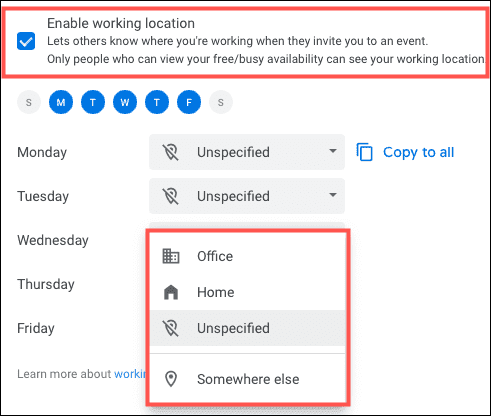 EnableWorkingLocation GoogleCalendarHoursLocation - Πώς να εμφανίσετε ώρες εργασίας &amp; την τοποθεσία σας
