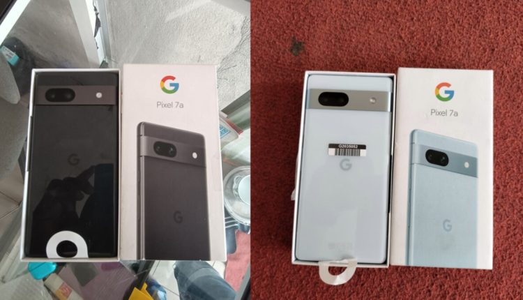 Επιφάνεια εικόνων unboxing του Google Pixel 7a με χρώματα Carbon και Arctic Blue