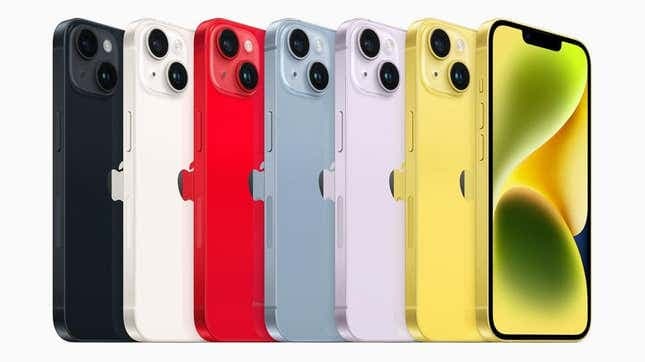 Μια σειρά από iPhone 14s τα μεσάνυχτα, φως των αστεριών, (PRODUCT)RED, μπλε, μοβ και το ολοκαίνουργιο κίτρινο.
