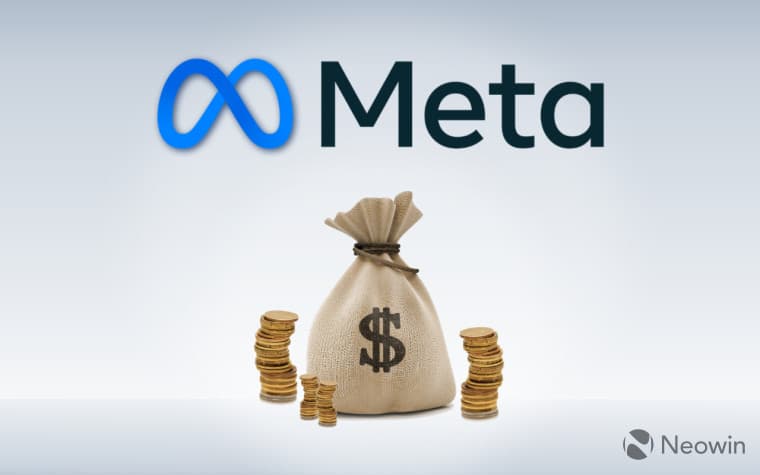 Ένα λογότυπο Meta με ένα σάκο με χρυσά νομίσματα κάτω από αυτό σε λευκό φόντο