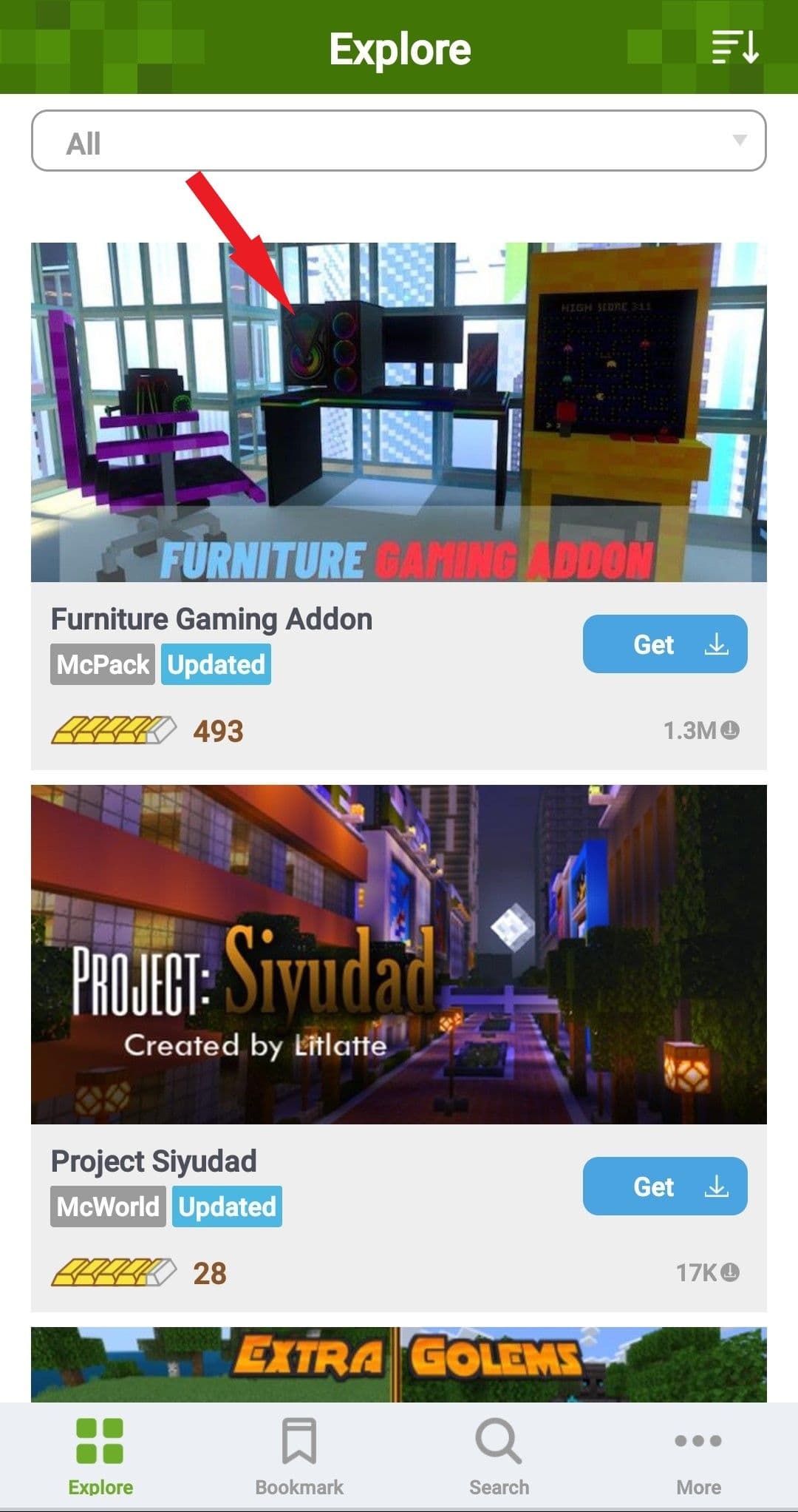 Στιγμιότυπο οθόνης του μενού Addons για το Minecraft