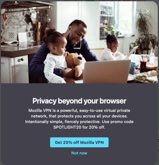 Στιγμιότυπο οθόνης μιας διαφήμισης του Mozilla VPN