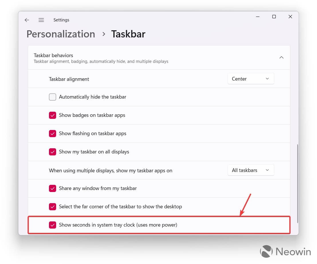 Ένα στιγμιότυπο οθόνης της εφαρμογής Ρυθμίσεις των Windows 11s που δείχνει πώς να ενεργοποιήσετε τα δευτερόλεπτα ρολογιού στη γραμμή εργασιών