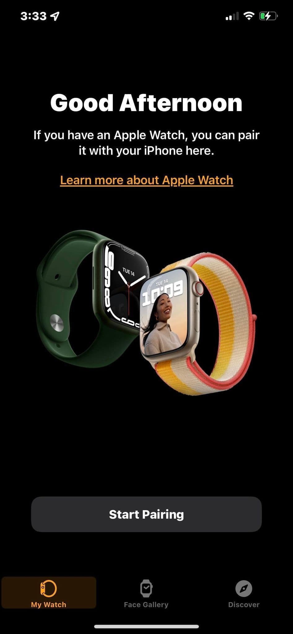 Η οθόνη Start Pairing στην εφαρμογή Apple Watch σε ένα iPhone
