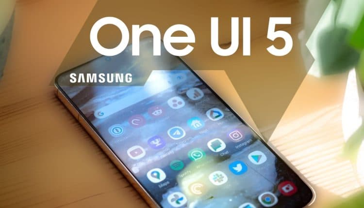 A Samsung smartphone rests on a light wood table. The words One UI 5, Samsung are listed above it. 