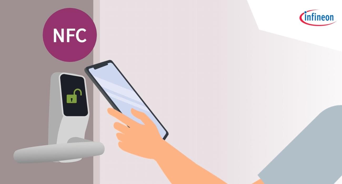 Εικονογράφηση έξυπνης κλειδαριάς Infineon που δείχνει ξεκλείδωμα NFC.