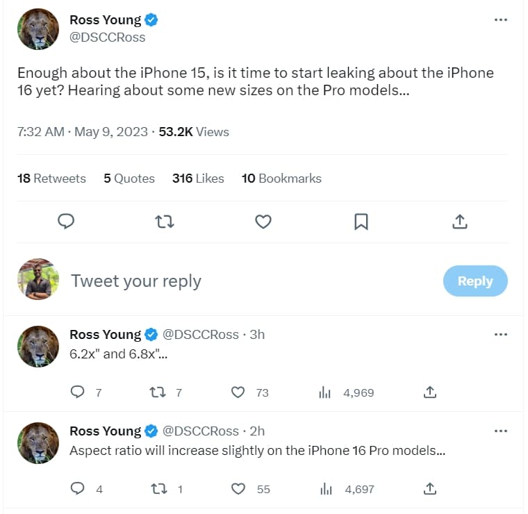 Ο Ross Young στο μέγεθος οθόνης του iPhone 16 Pro