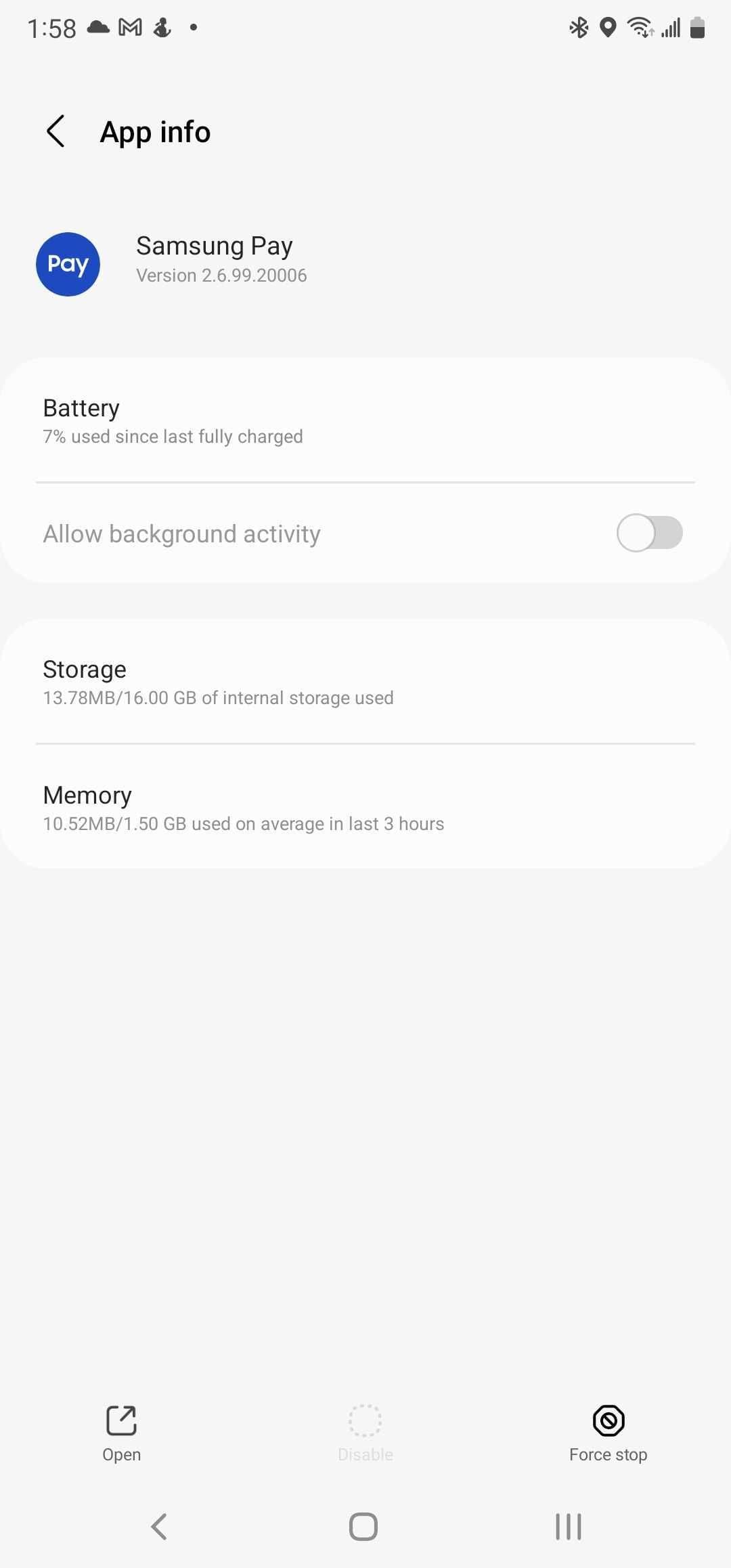 Στιγμιότυπο οθόνης των πληροφοριών της εφαρμογής Samsung Pay στο ρολόι Galaxy.