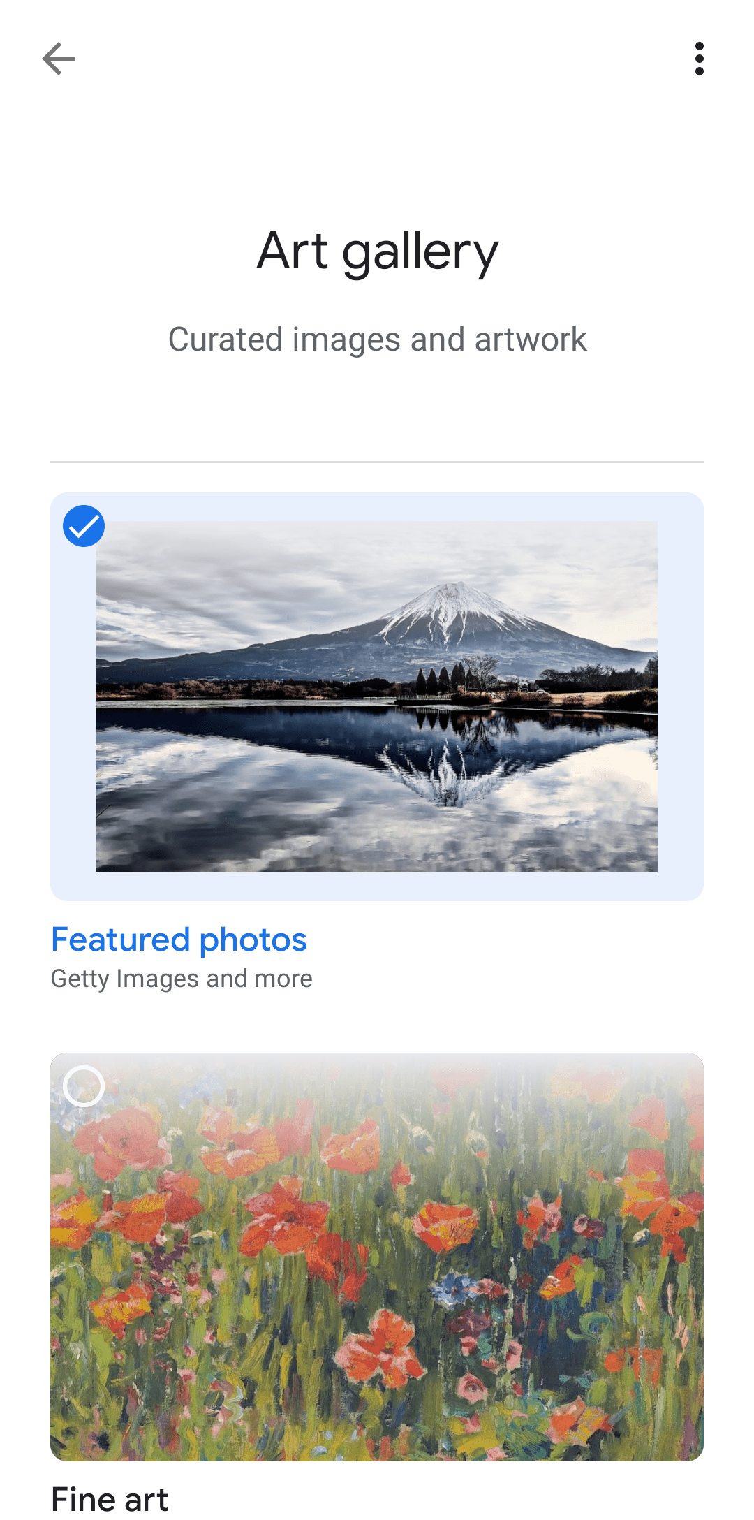 Το στιγμιότυπο οθόνης εμφανίζει την επιλογή εμφάνισης εικόνων Art Gallery για την εφαρμογή Google Home.