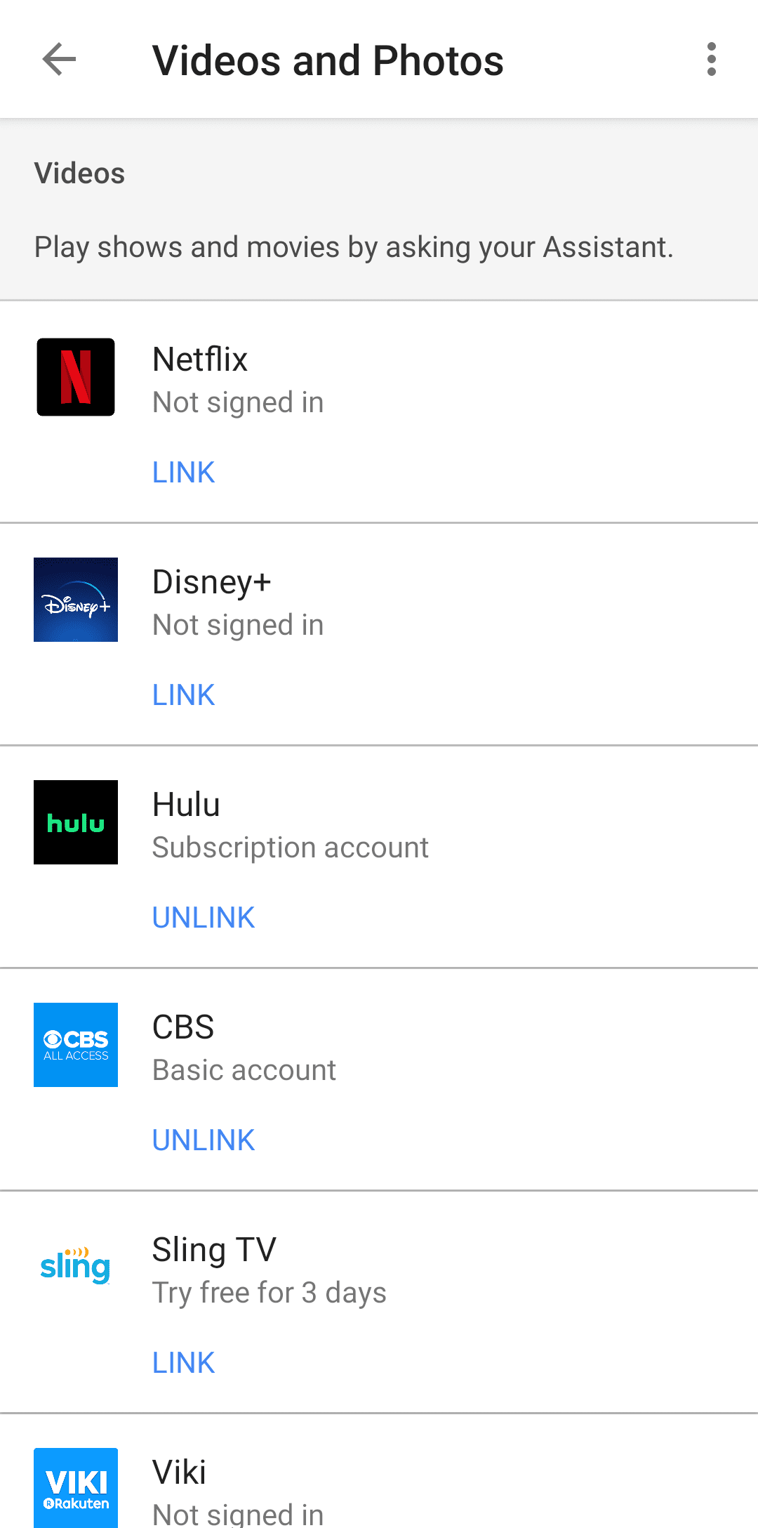 Το στιγμιότυπο οθόνης δείχνει τη σελίδα ρυθμίσεων βίντεο και φωτογραφιών στην εφαρμογή Google Home.