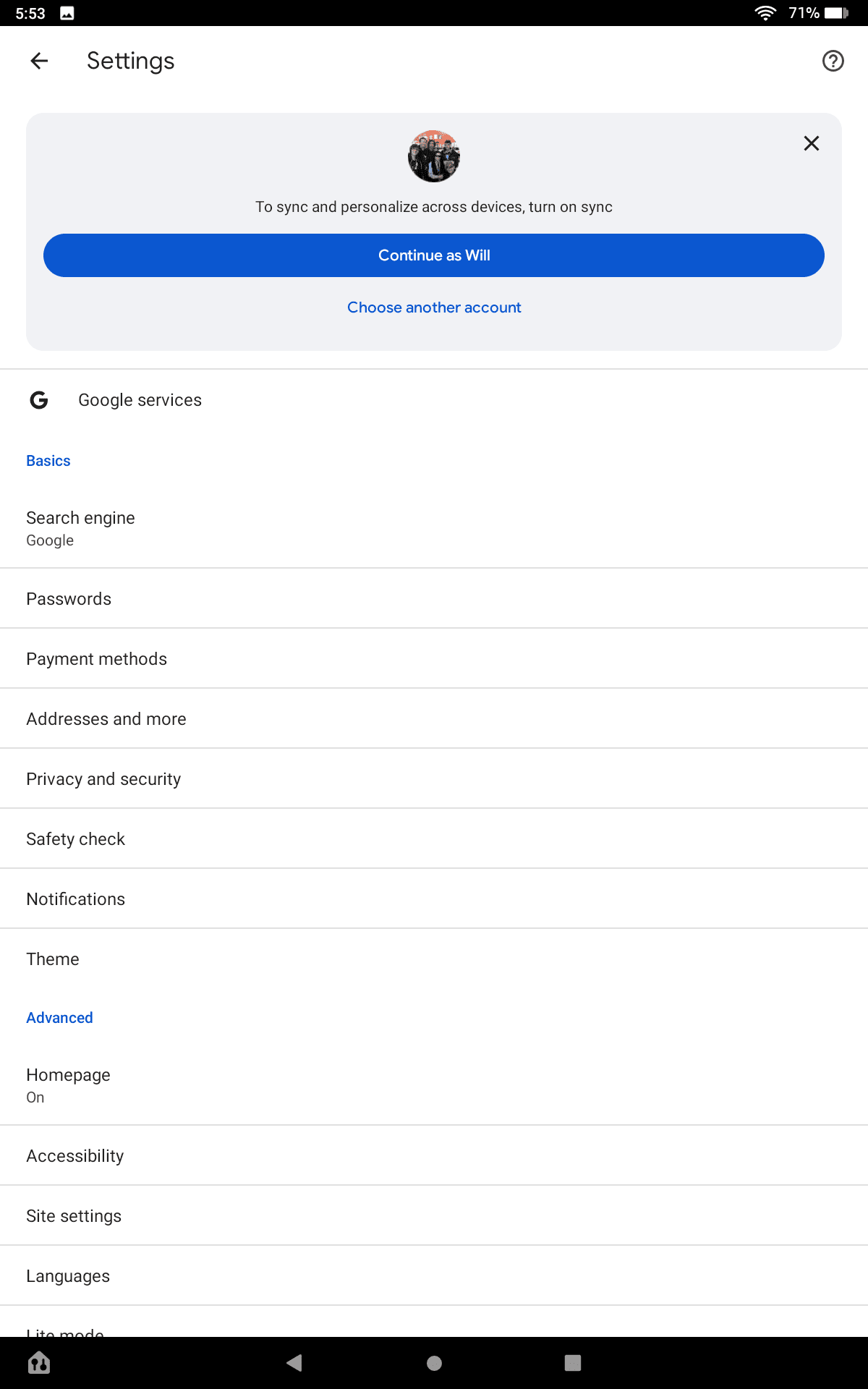 The settings page in Chrome, showing an account signed in.