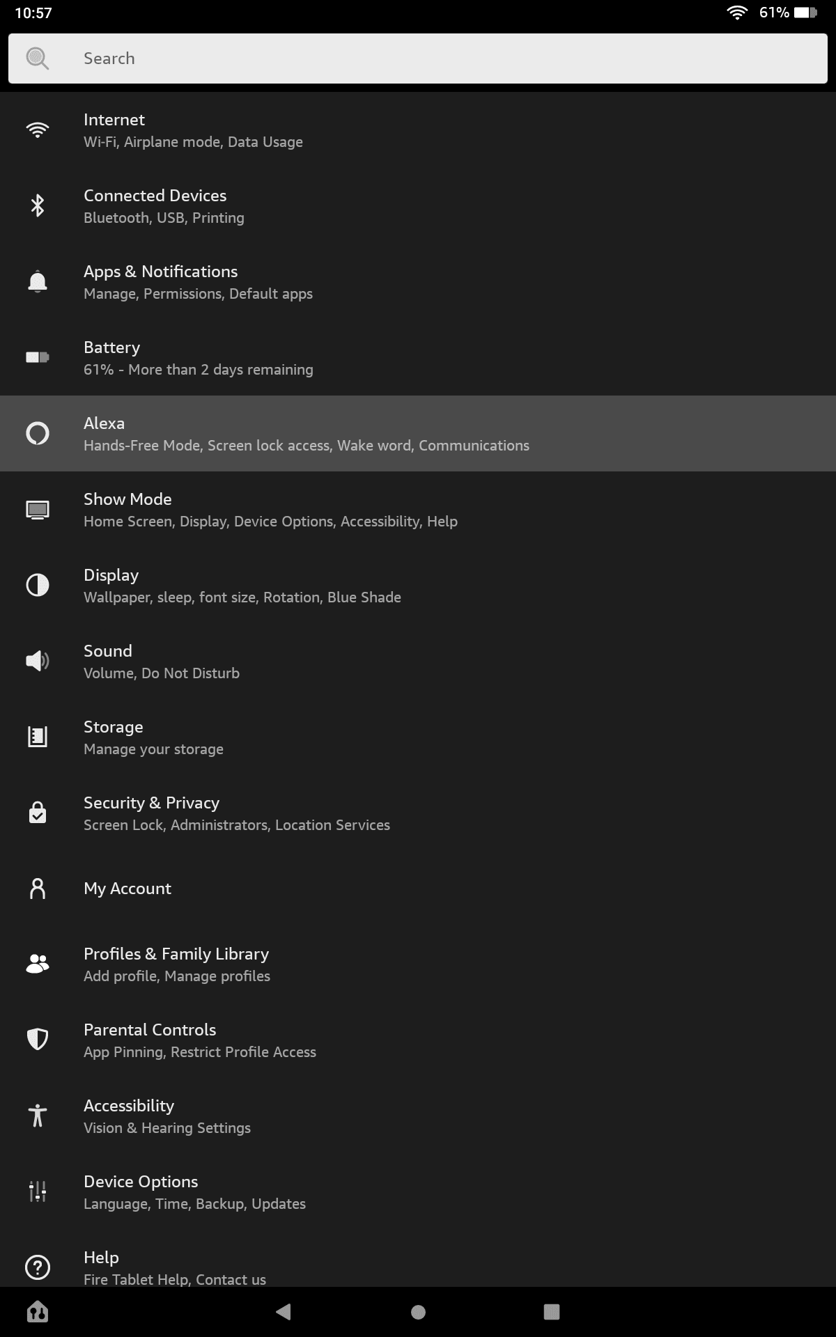 Η καρτέλα ρυθμίσεων Alexa που επιλέχθηκε στο Fire OS