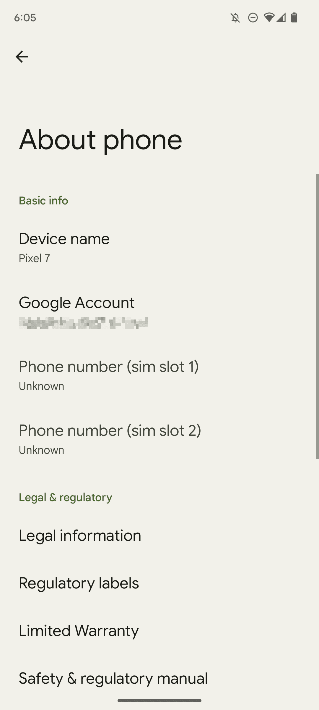 Screenshot of Google Pixel 7's About phone settings screen