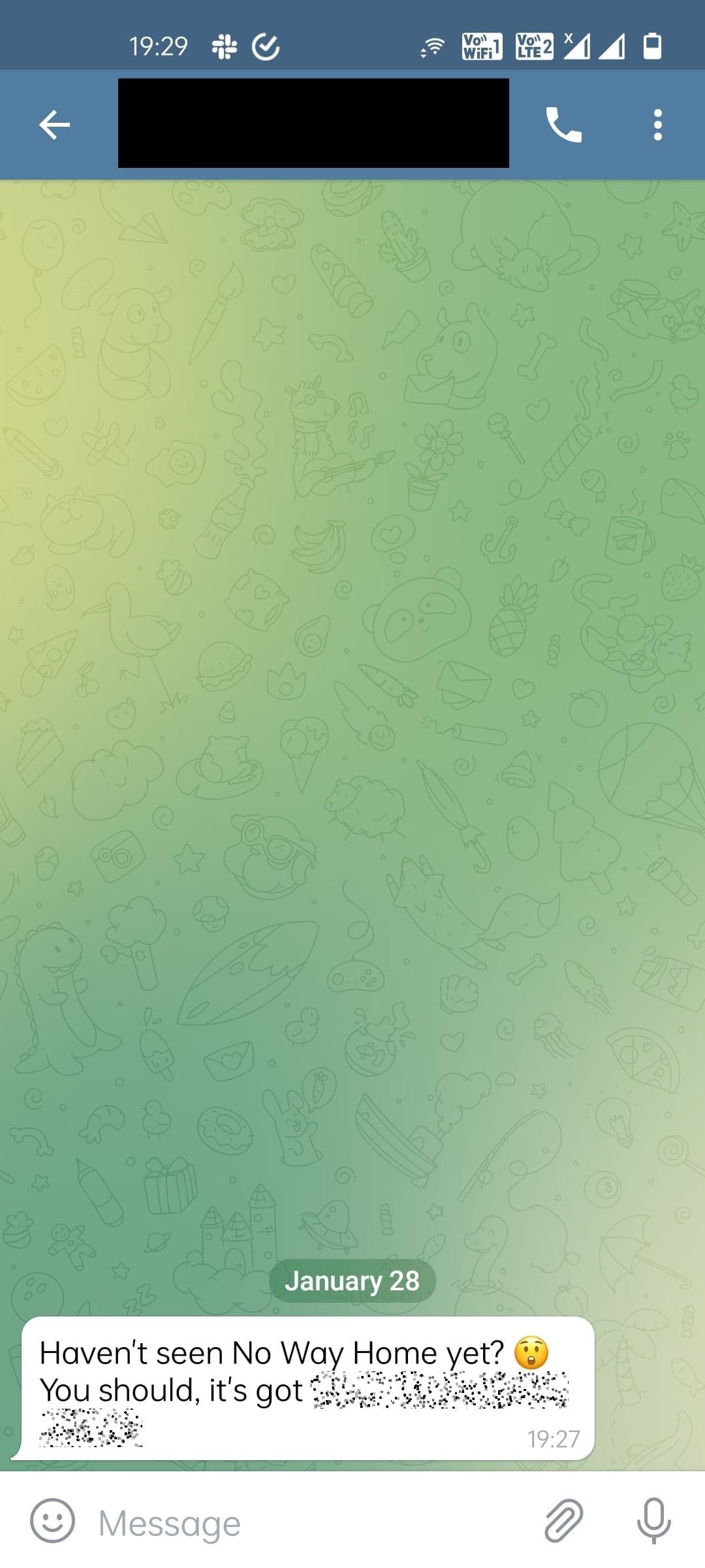 Παράθυρο συνομιλίας Telegram με μήνυμα που περιέχει κείμενο με στυλ spoiler