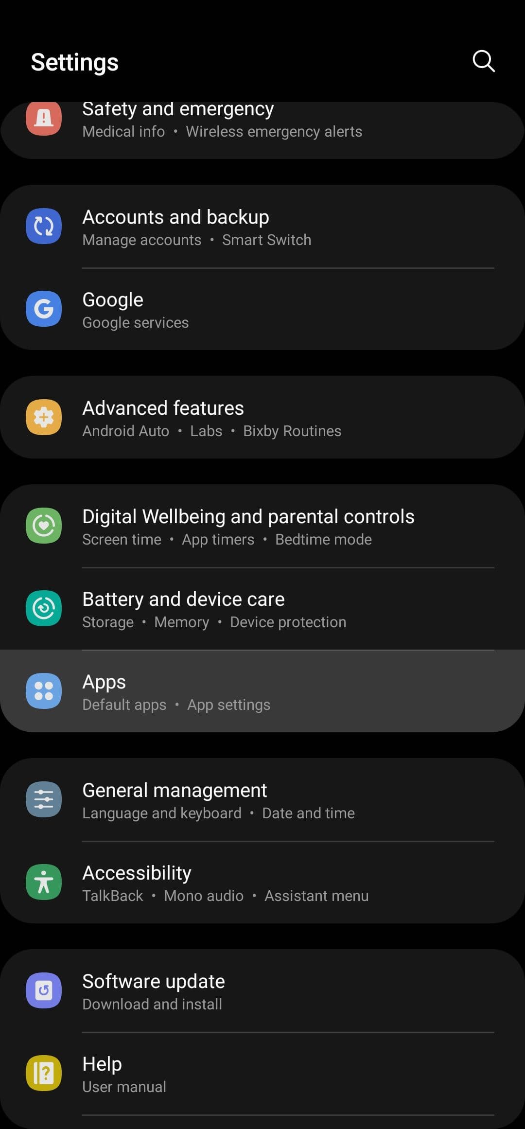 Το στιγμιότυπο οθόνης δείχνει τη σελίδα Ρυθμίσεις στο Android.  Η καρτέλα Εφαρμογές επισημαίνεται.
