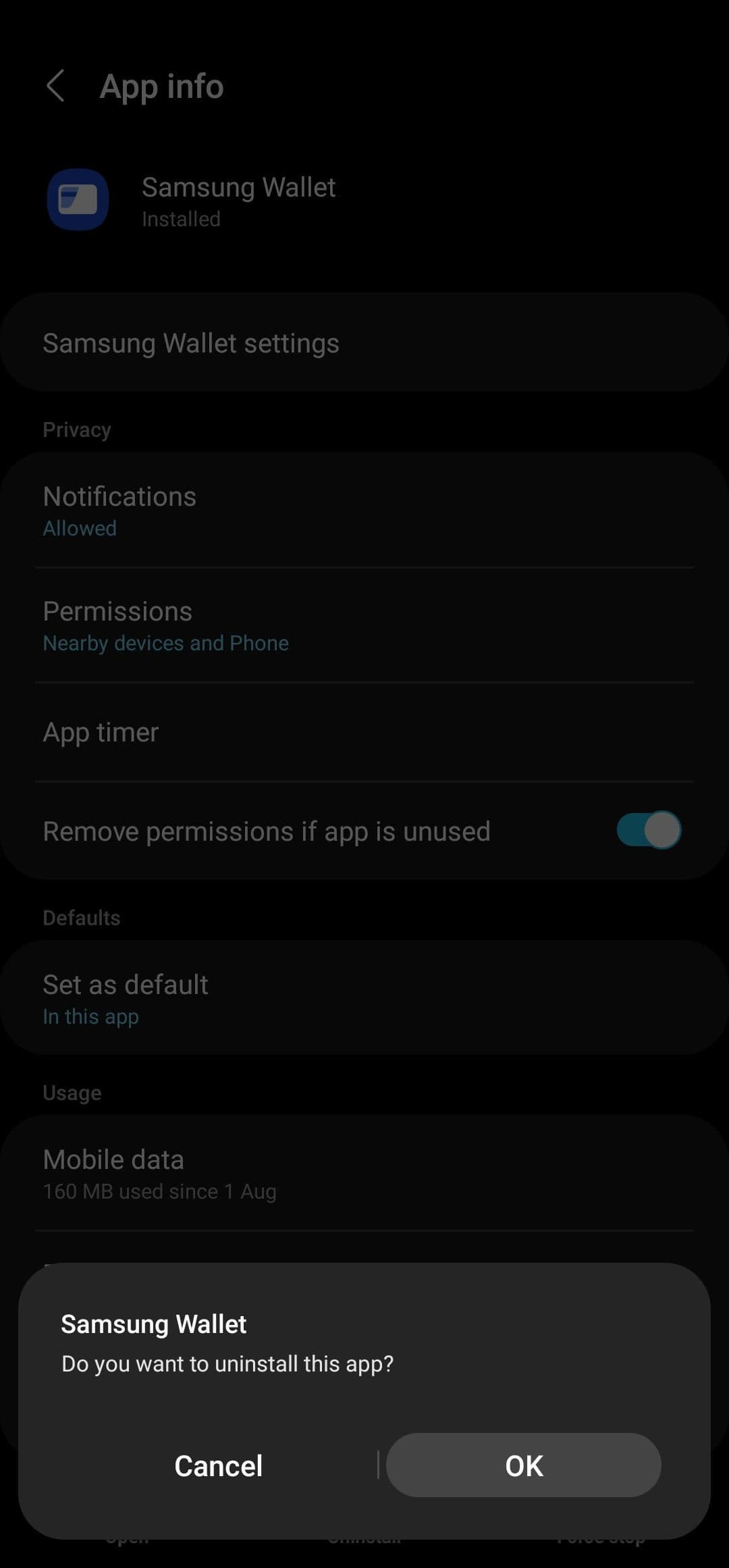 Το στιγμιότυπο οθόνης εμφανίζει την επιλογή επιβεβαίωσης για την απεγκατάσταση της εφαρμογής Samsung Wallet.