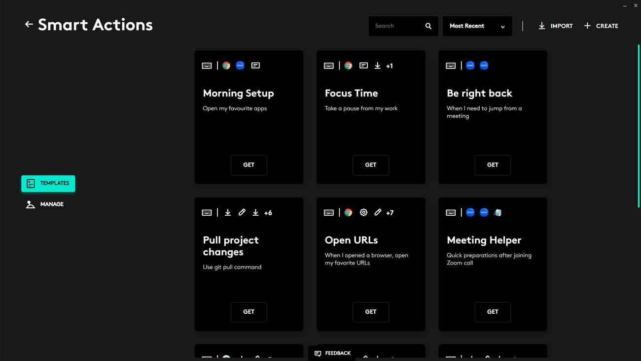 Δείτε πώς φαίνεται η νέα καρτέλα Έξυπνες ενέργειες στην εφαρμογή Logi Options+. 
