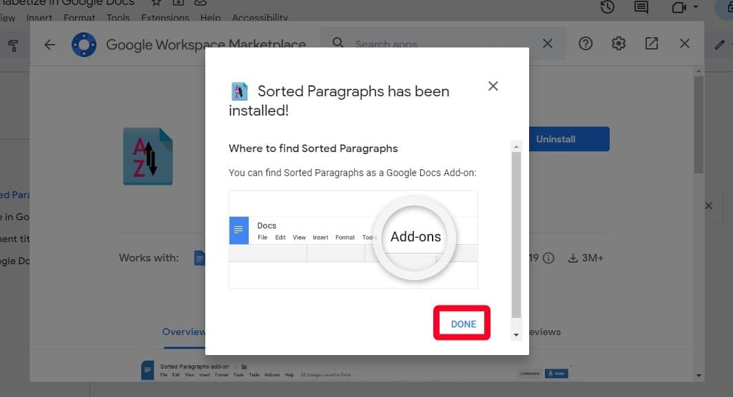 Μήνυμα επιτυχούς εγκατάστασης πρόσθετου στο Google Workspace Marketplace