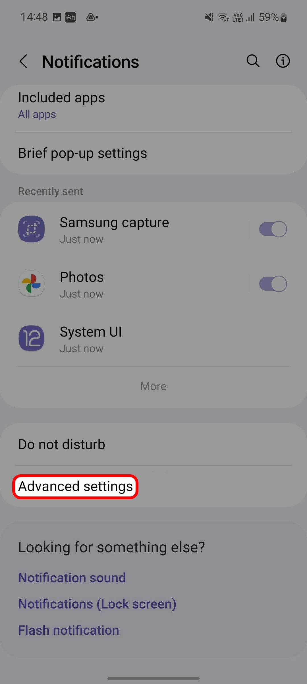 Το μενού Ειδοποιήσεις Samsung One UI επισημαίνει την επιλογή Προηγμένες ρυθμίσεις