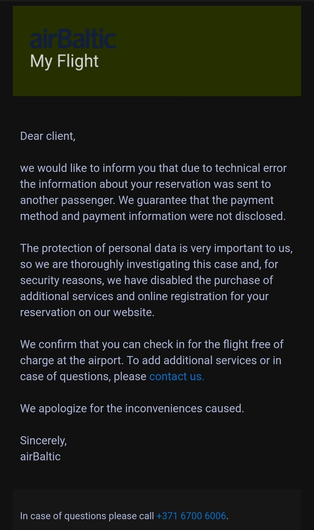 email airBaltic στους πελάτες