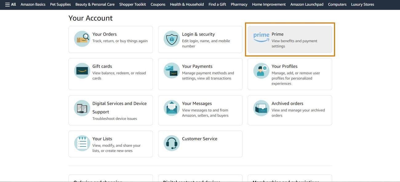 amazon εκκινήστε τη σελίδα του λογαριασμού σας με τονισμένο το κουμπί prime