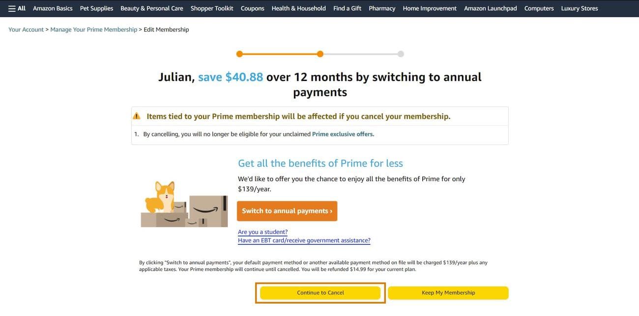 amazon prime 2η σελίδα επιβεβαίωσης ακύρωσης με τονισμένο το κουμπί συνέχειας ακύρωσης