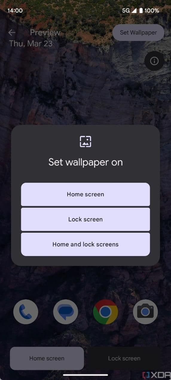 Android 14 DP2's live wallpaper options screen: Home screen, lock screen, or home and lock screens