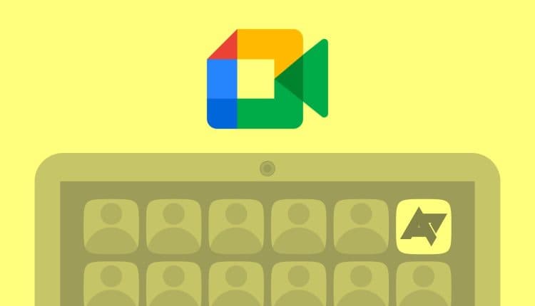 An illustration with the Google Meet logo and a laptop with various people icons. 