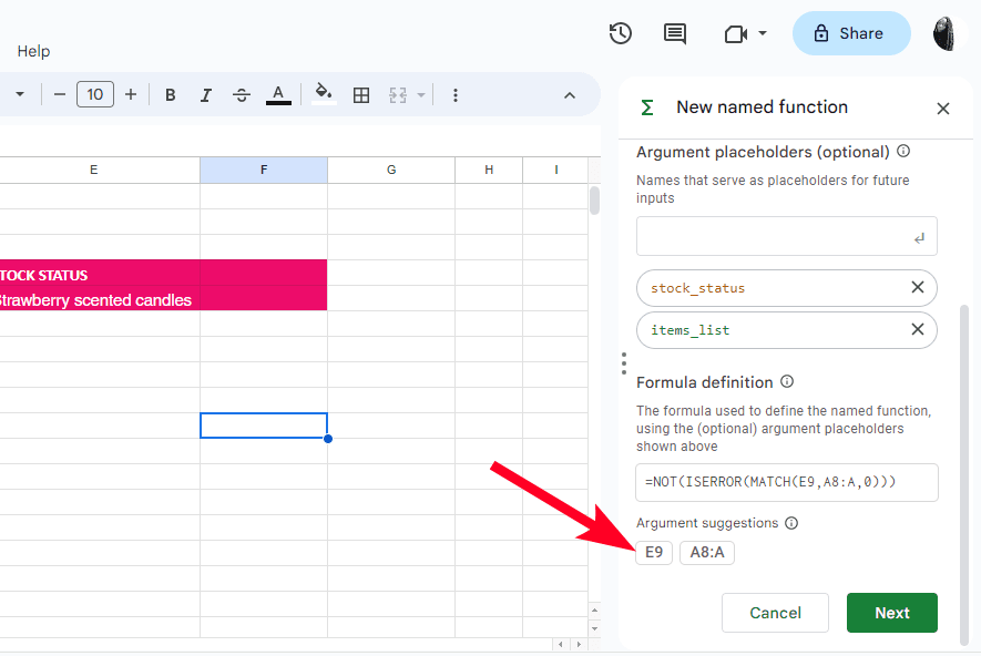 Κάνοντας κλικ στην επιλογή Προτάσεις επιχειρημάτων στα Φύλλα Google