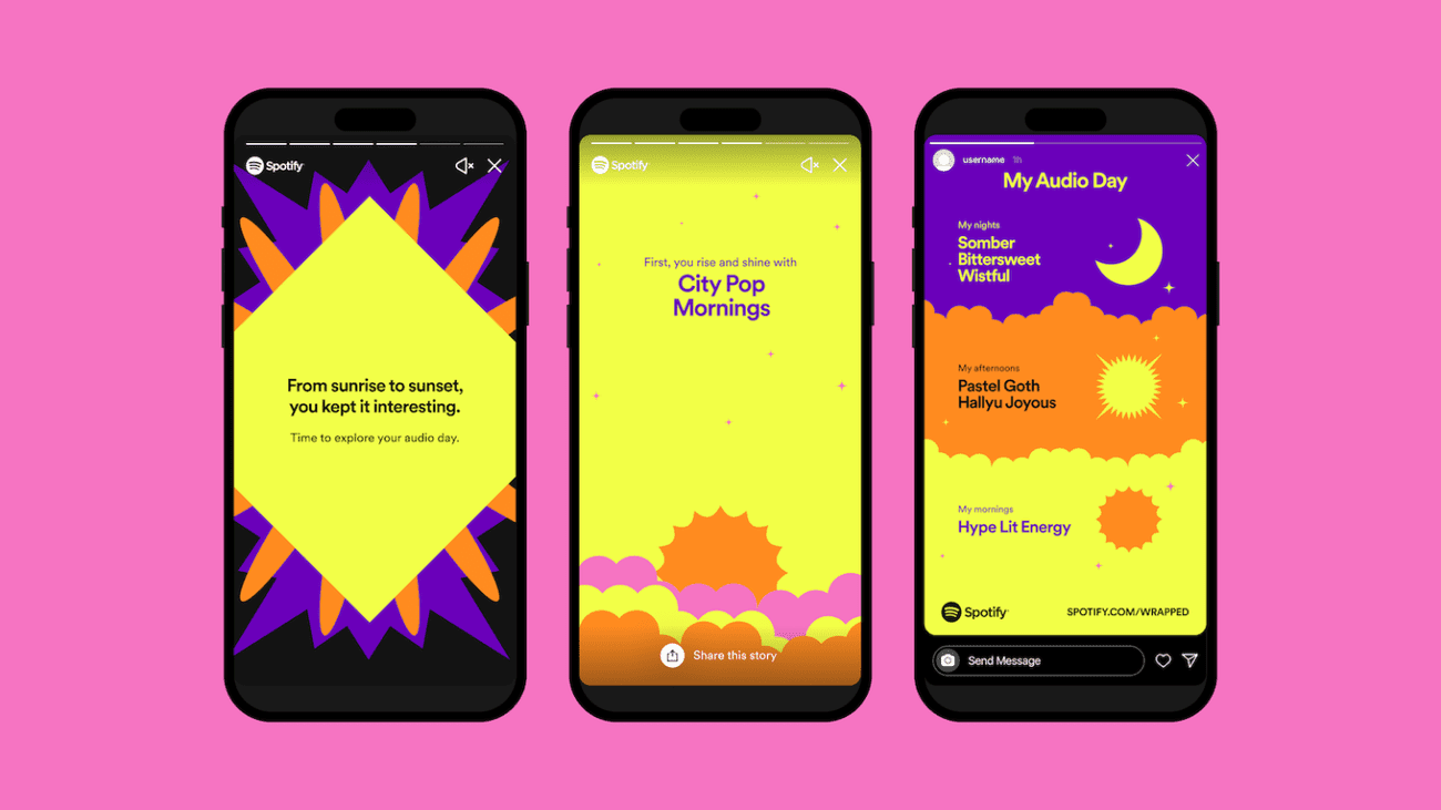 Three smartphones on a solid pink background displaying Spotify Wrapped 2022 stories.