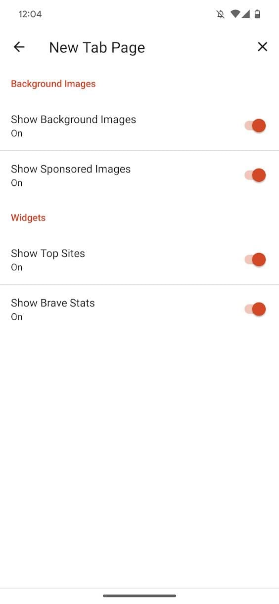 στιγμιότυπο οθόνης της εφαρμογής Brave που δείχνει ρυθμίσεις για νέες καρτέλες