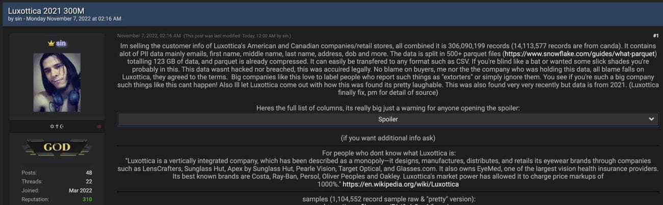 Αρχική ανάρτηση στο Breached, που διεκδικεί μια άγνωστη επίθεση στη Luxottica