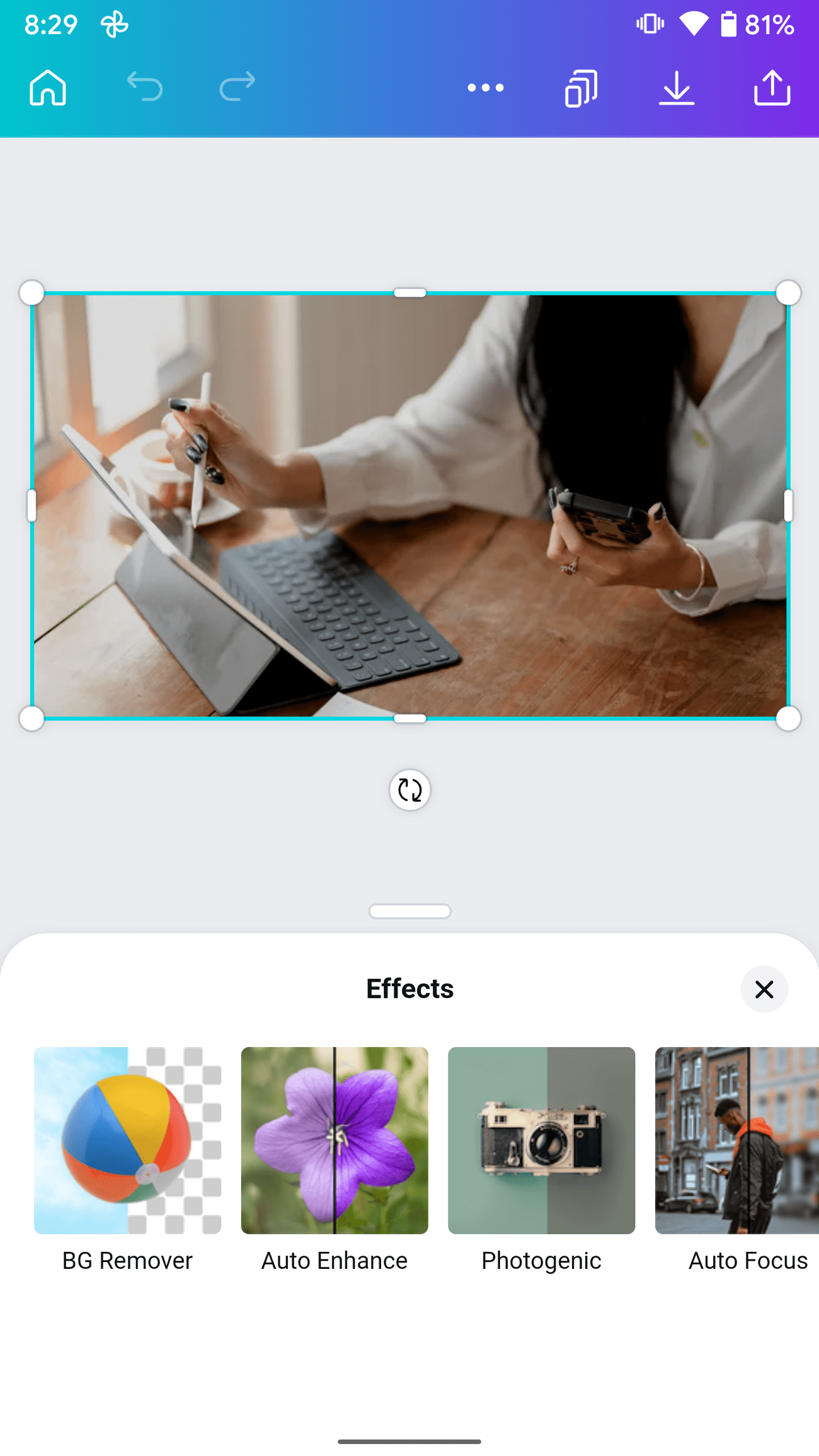 Ένα στιγμιότυπο οθόνης του Canva που δείχνει τις επιλογές εφέ.