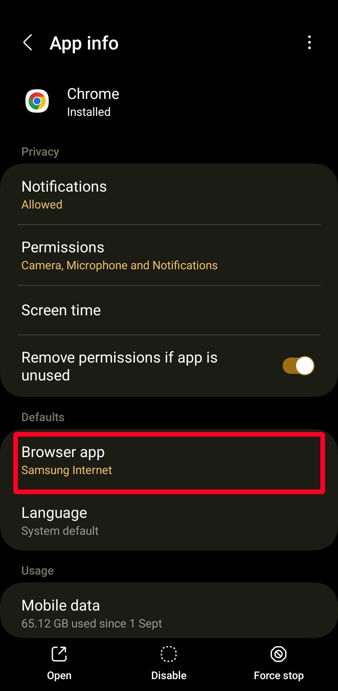 Πληροφορίες εφαρμογής Chrome στις ρυθμίσεις στο Android