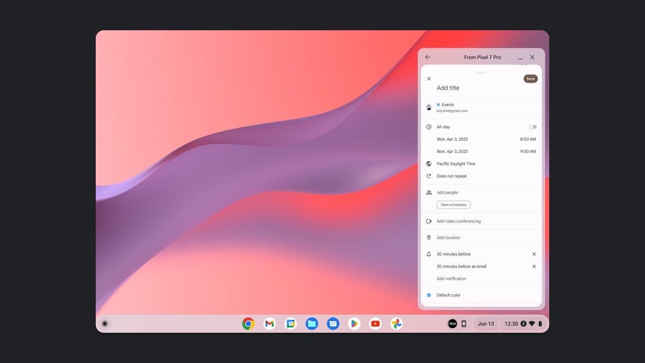 Στιγμιότυπο οθόνης που δείχνει το κέντρο τηλεφώνου ChromeOS με την εφαρμογή Ημερολόγιο Google που αντικατοπτρίζεται από το τηλέφωνο