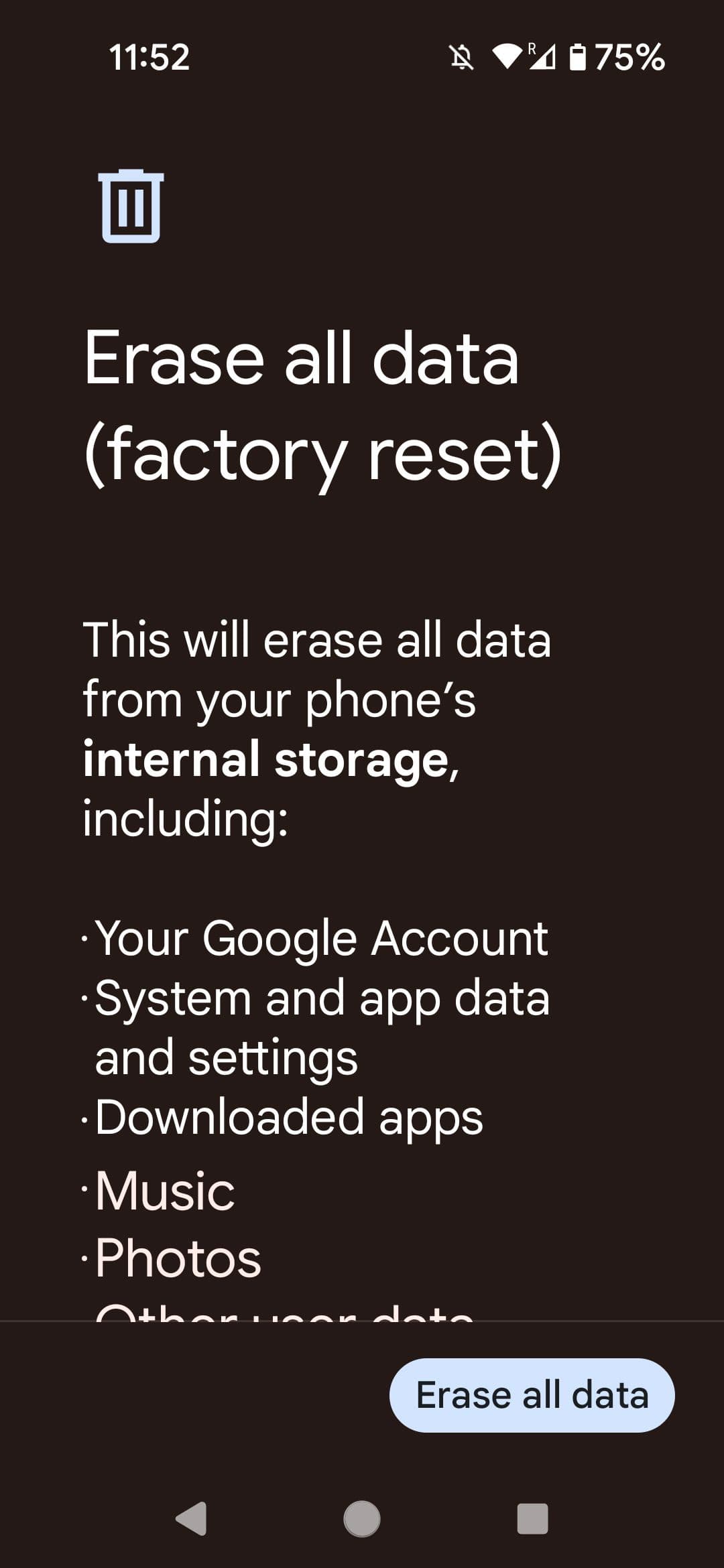 Μενού επιβεβαίωσης επαναφοράς εργοστασιακών ρυθμίσεων Android