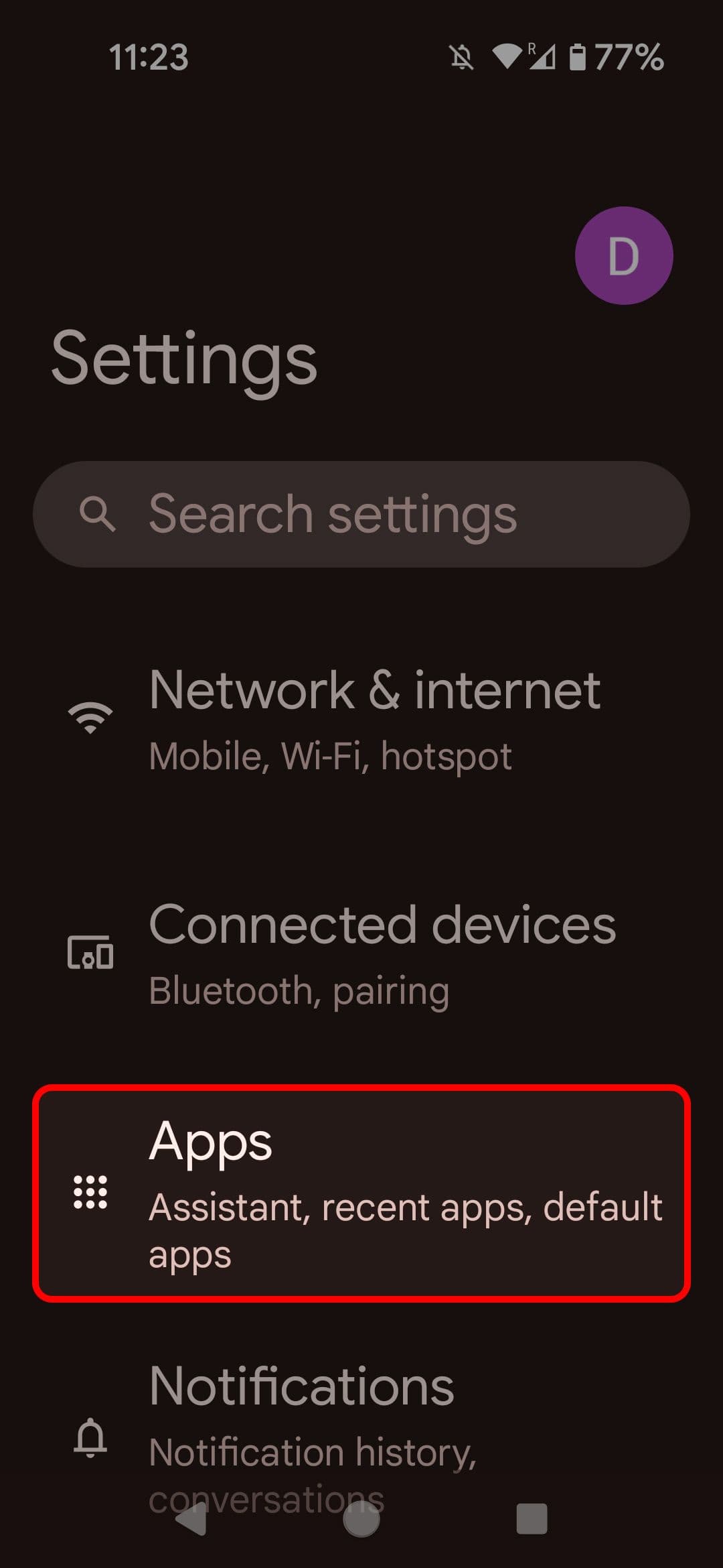 Μενού ρυθμίσεων Android που επισημαίνει την επιλογή Εφαρμογές