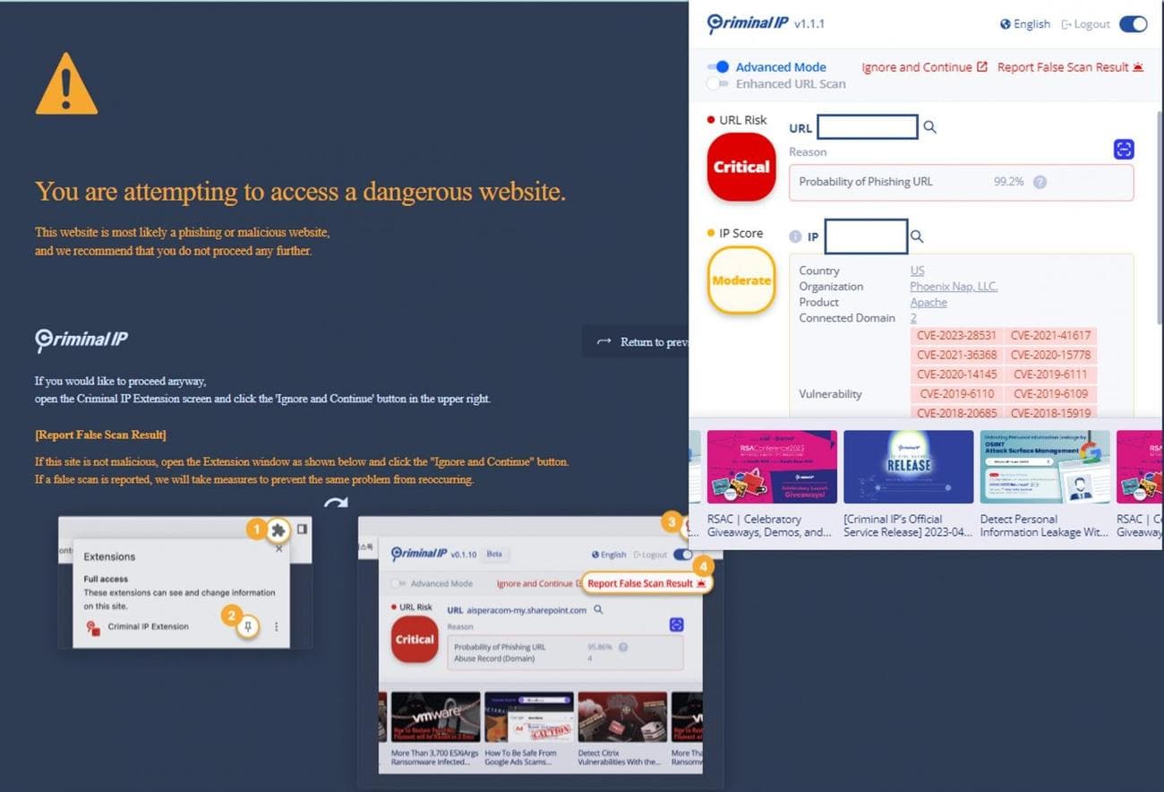 Το Criminal IP Phishing scams link checker παρέχει επίσης λειτουργίες Scam Block και Advanced Mode