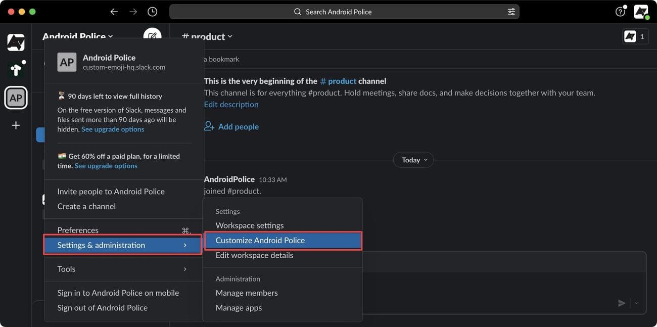 Προσαρμογή της επιλογής Workspace Εφαρμογή Slack desktop