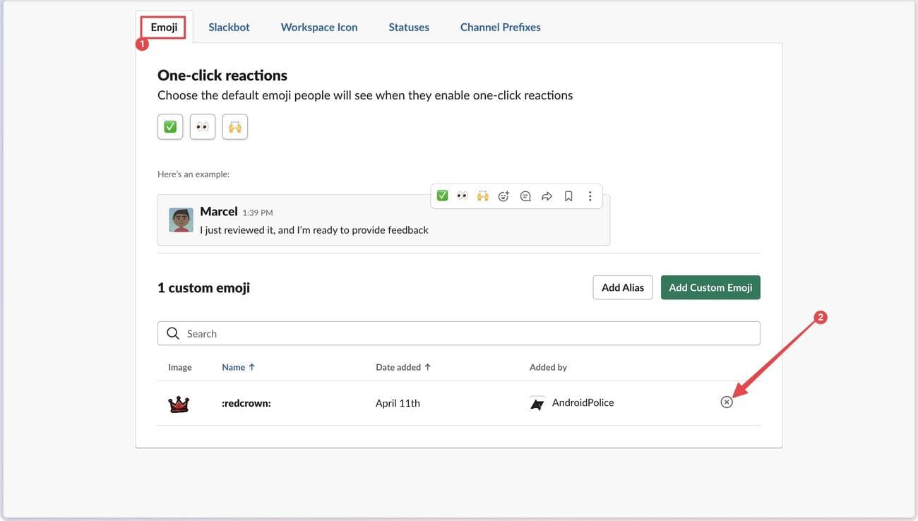 Κάνοντας κλικ στο κουμπί σταυρού δίπλα στο προσαρμοσμένο emoji
