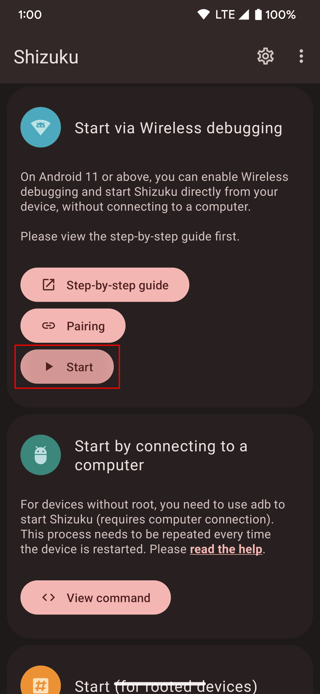 Εμφάνιση του κουμπιού Έναρξη για τη δυνατότητα ασύρματου εντοπισμού σφαλμάτων στην εφαρμογή Shizuku