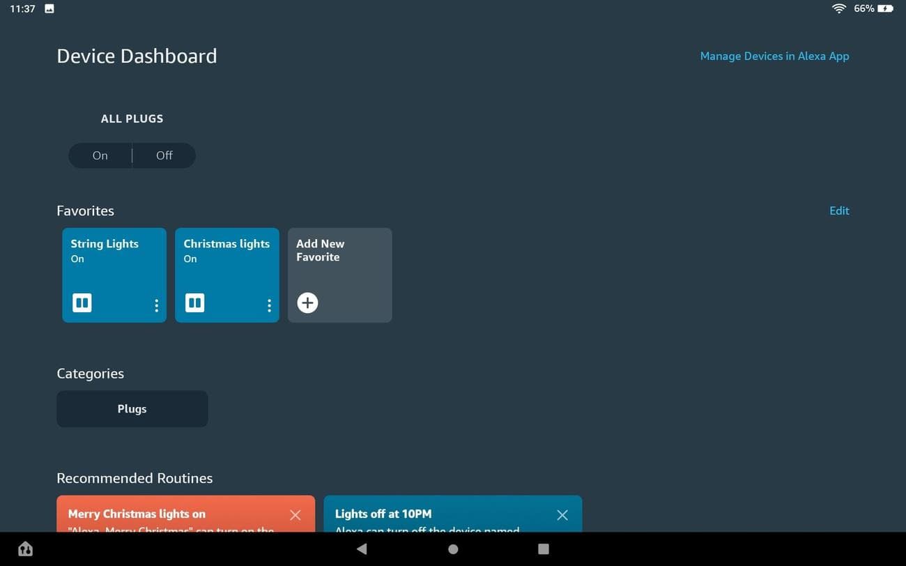 The Fire Tablet device dashboard displaying several smart plugs.