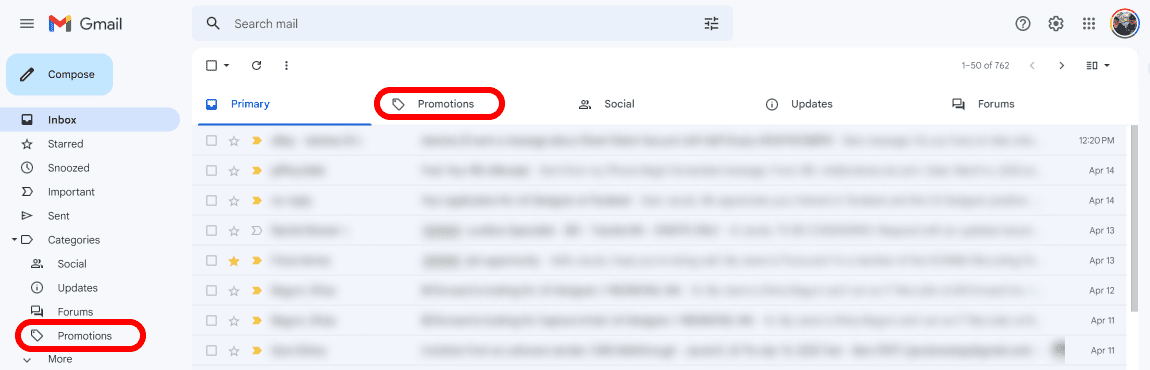 τα εισερχόμενα του Gmail με επισημασμένη την καρτέλα προωθήσεις