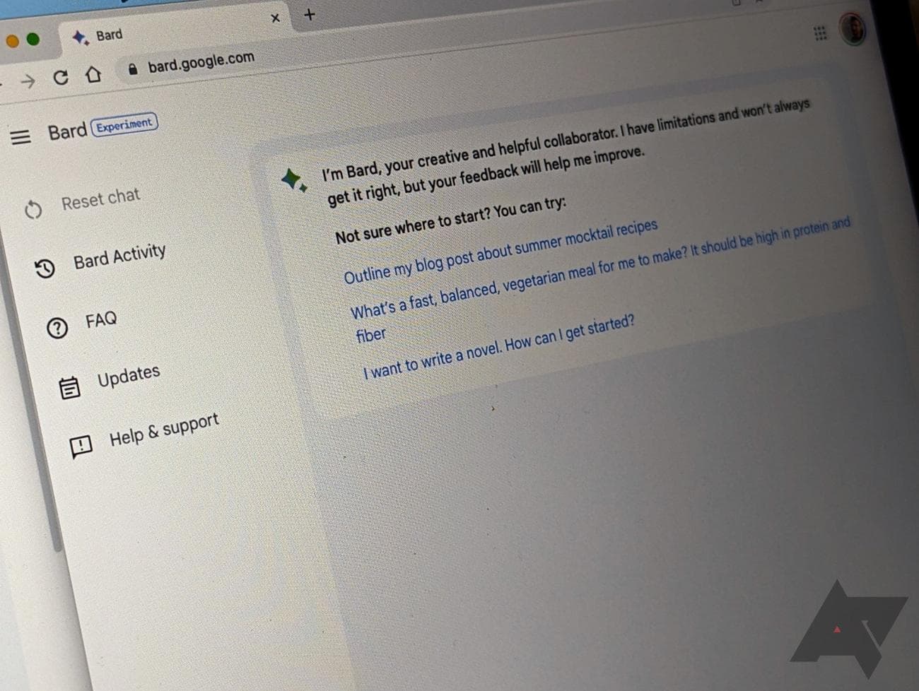 Image of Google Bard website on a screen running in Chrome for desktop