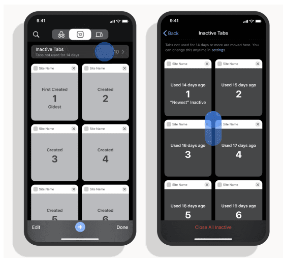 Δύο στιγμιότυπα οθόνης δίπλα-δίπλα του κουμπιού ενότητας νέας ανενεργής καρτέλας στον εναλλάκτη καρτελών και της ίδιας της ενότητας ανενεργής καρτέλας