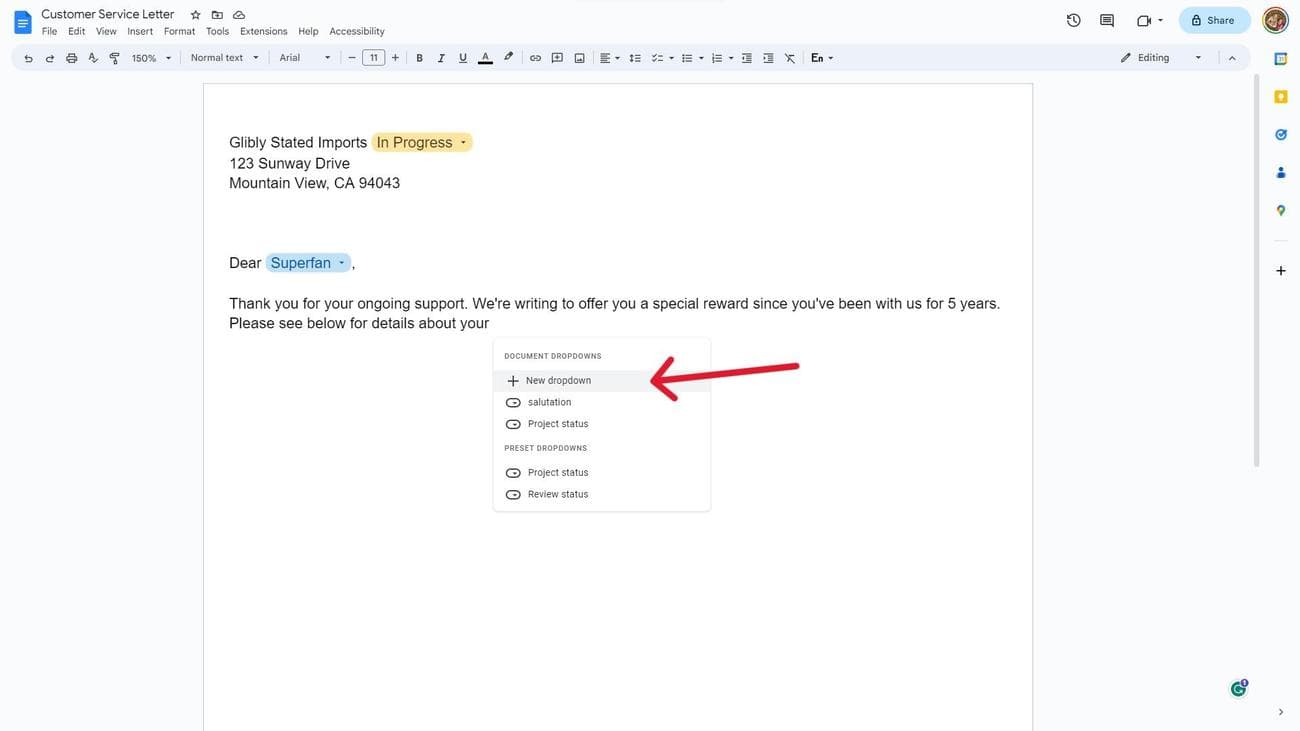 Ένα στιγμιότυπο οθόνης ενός εγγράφου των Εγγράφων Google που δείχνει πώς να δημιουργήσετε ένα νέο αναπτυσσόμενο μενού.