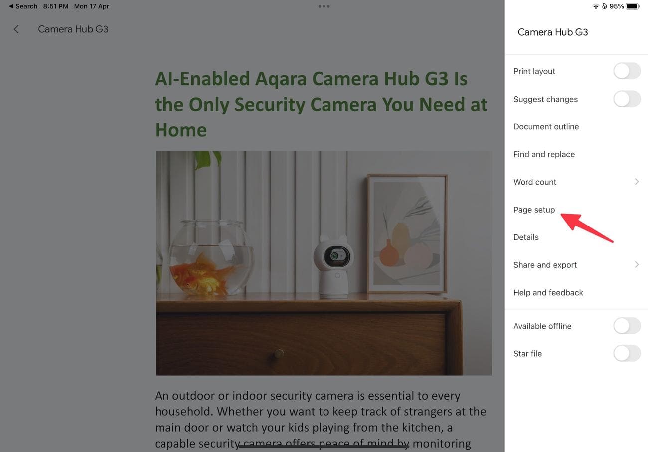 επιλέξτε ρύθμιση σελίδας στα Έγγραφα Google iPad