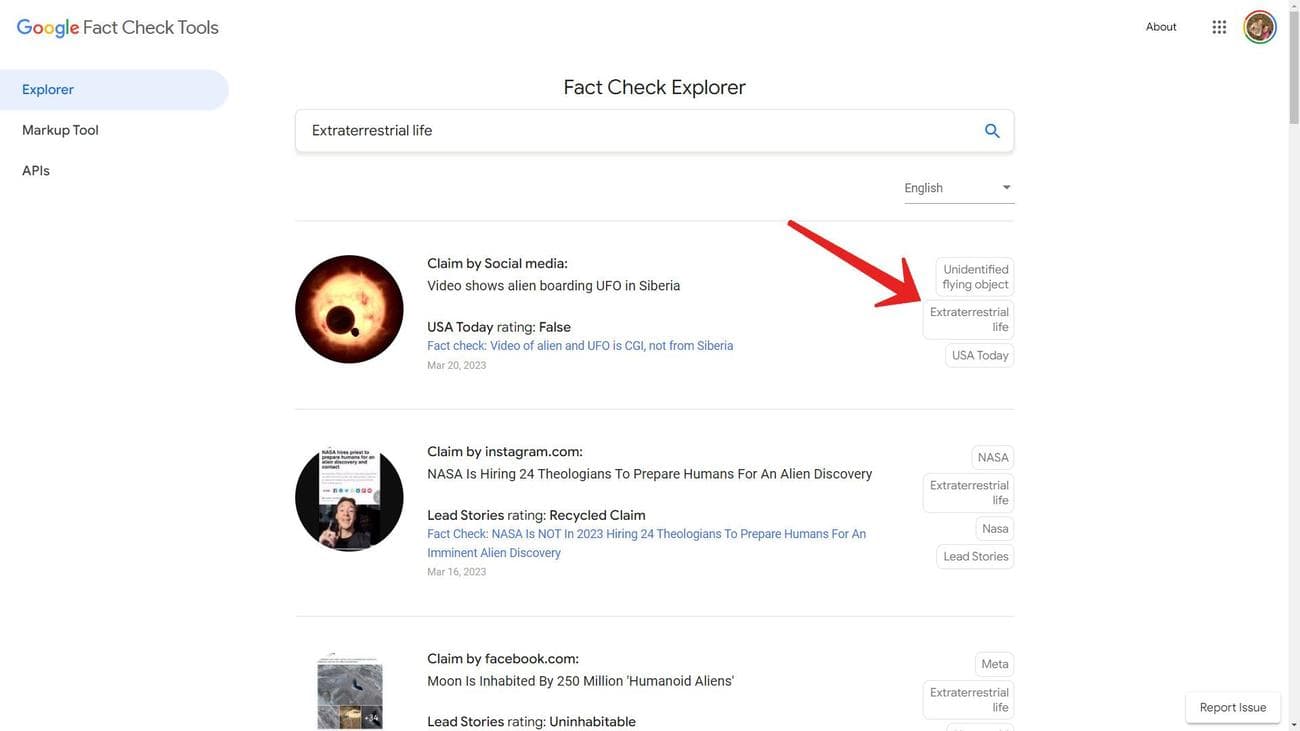 Ένα στιγμιότυπο οθόνης του Google Fact Check Explorer που δείχνει τα αποτελέσματα αφού κάνετε κλικ σε ένα κουμπί θέματος.