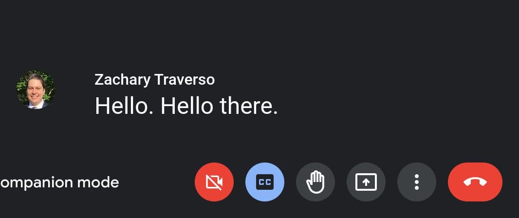Υπότιτλοι που δημιουργούνται σε μια σύσκεψη του Google Meet με χρήση της λειτουργίας συνοδευτικών
